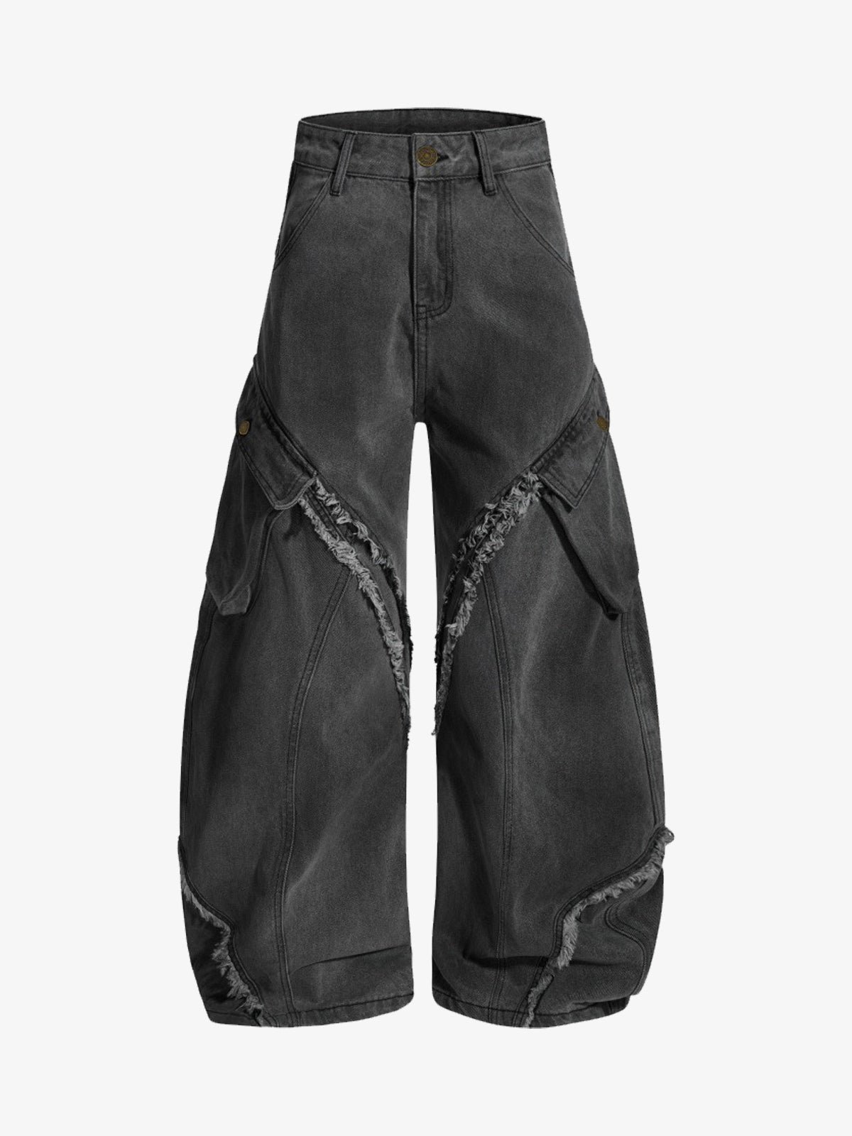 45ccfb1dc3d64a0eb828b6b6c4ece15a.jpg Retro Washed Distressed Deconstructed Patchwork Barrel Jeans - Image 1
