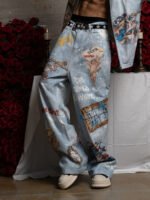 Retro Artistic Graffiti Angelic Prints Baggy Jeans - Image 3