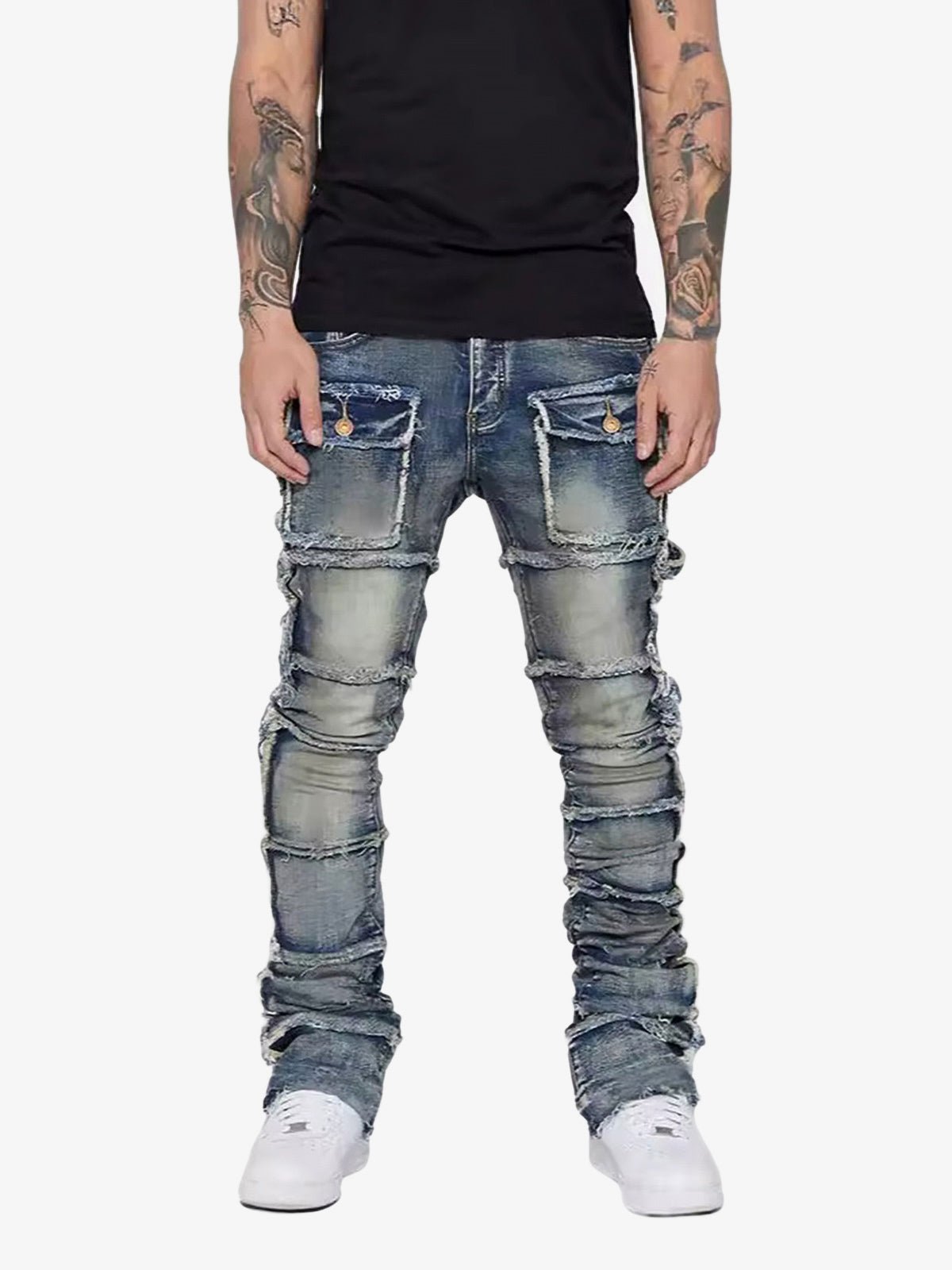 image1_dc9af1d9-6bcd-4722-8fcb-452d35773f9c.jpg Thesupermade Stretch Patch Layered Bootcut Stacked Jeans - Image 1